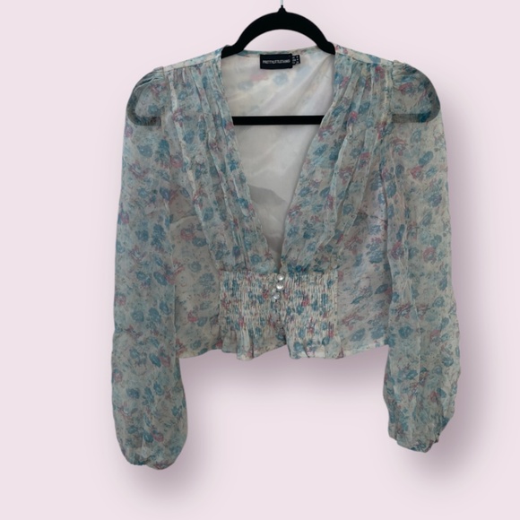 Chiffon Ruched Floral Hipster Hippie Artsy Boho Bohemian Coquette Blouse Top - Picture 1 of 4